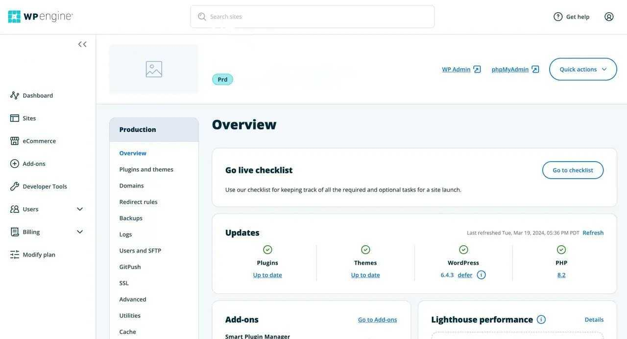 WP Engine control panel dashboard